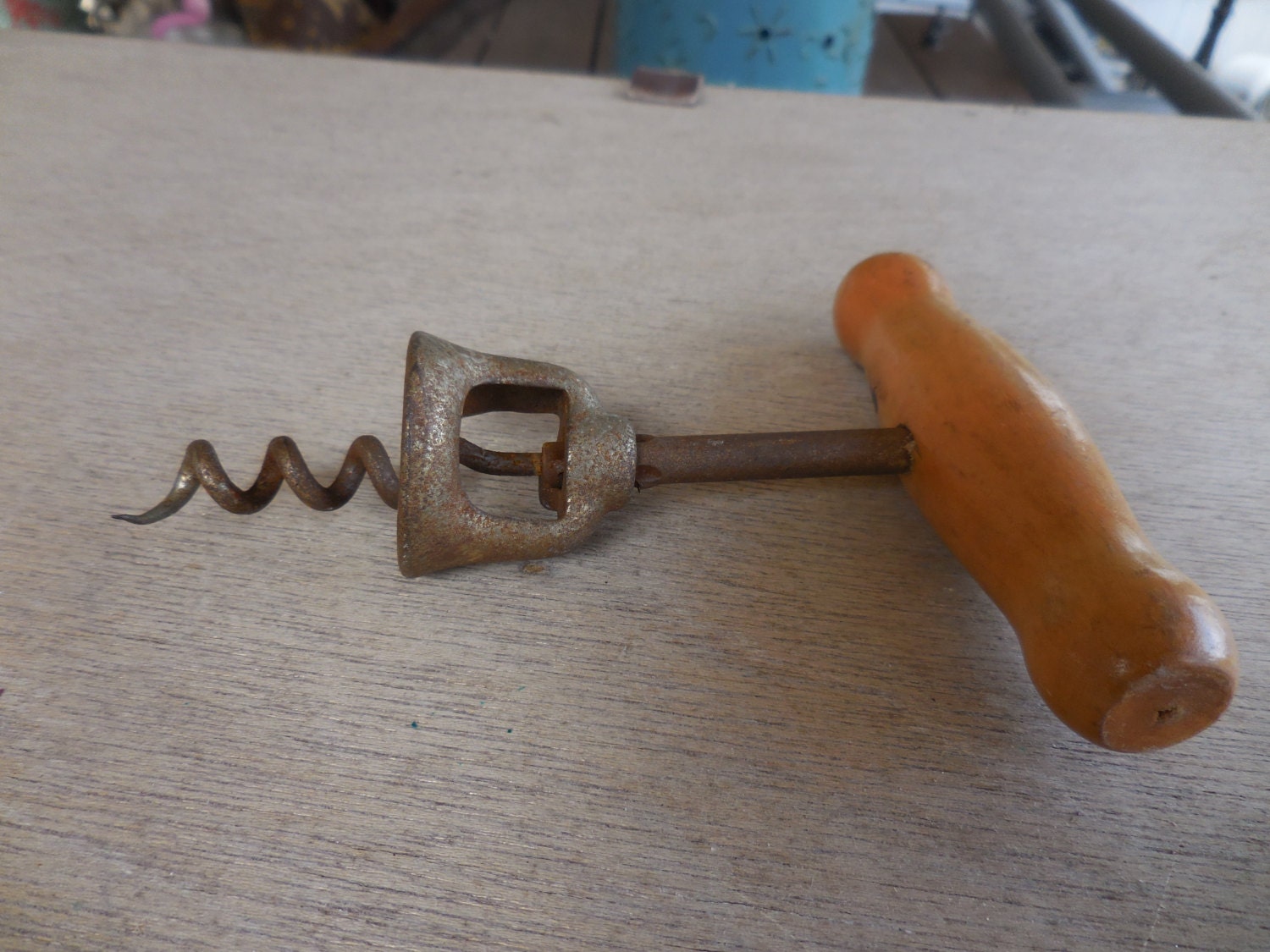 Vintage Wood and Metal Cork Screw Puller Wine Bottle Opener