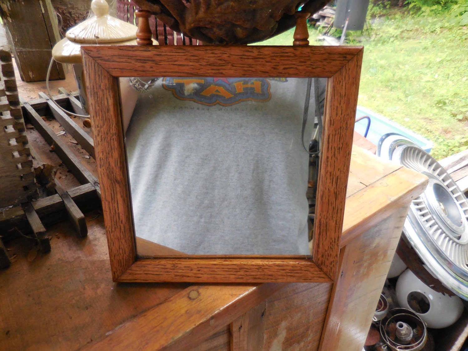 Antique Oak Square Small Wooden Shaving Mirror Hanging Late