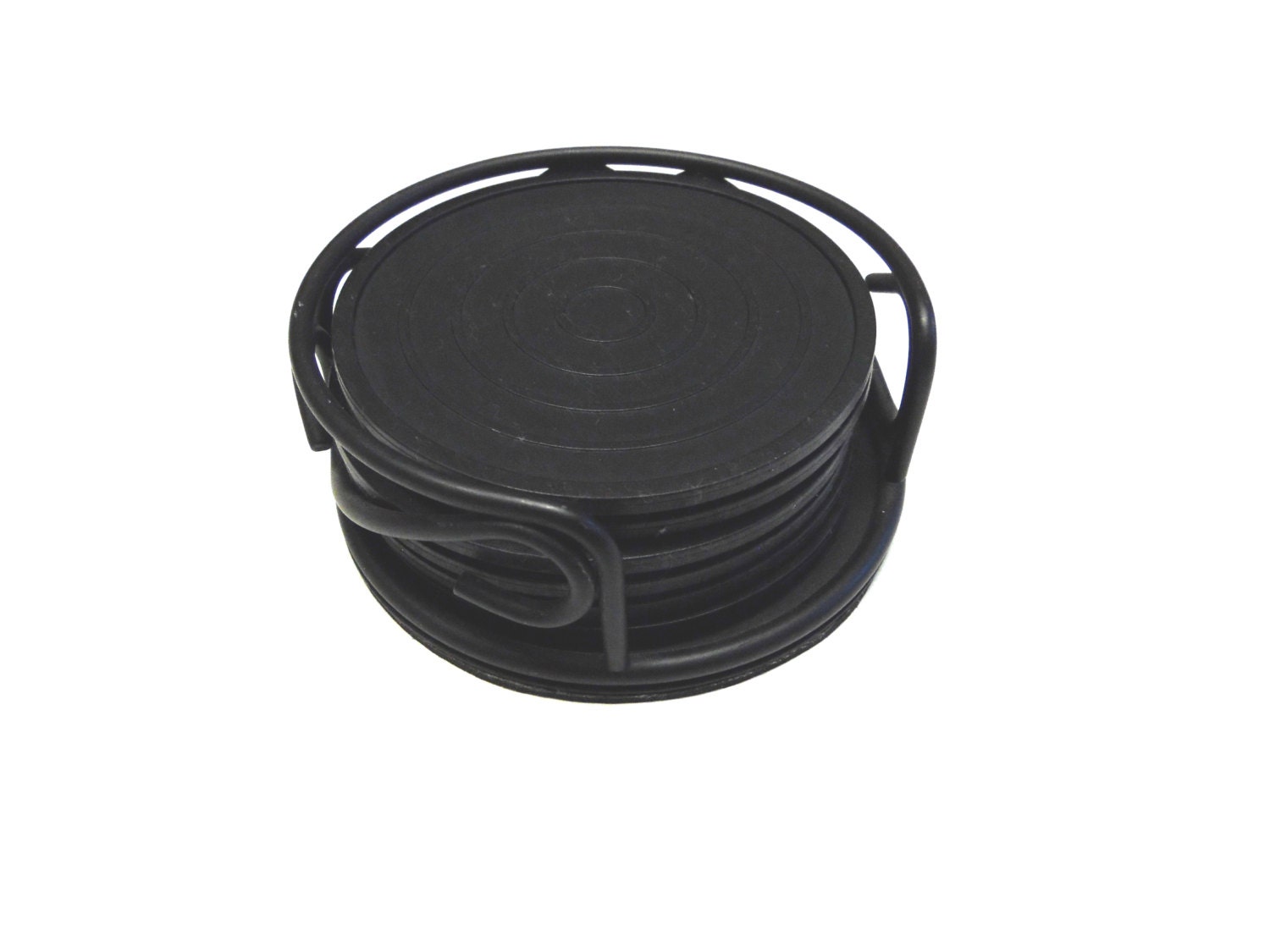 Black Rubber Coasters and Caddy Set of 6
