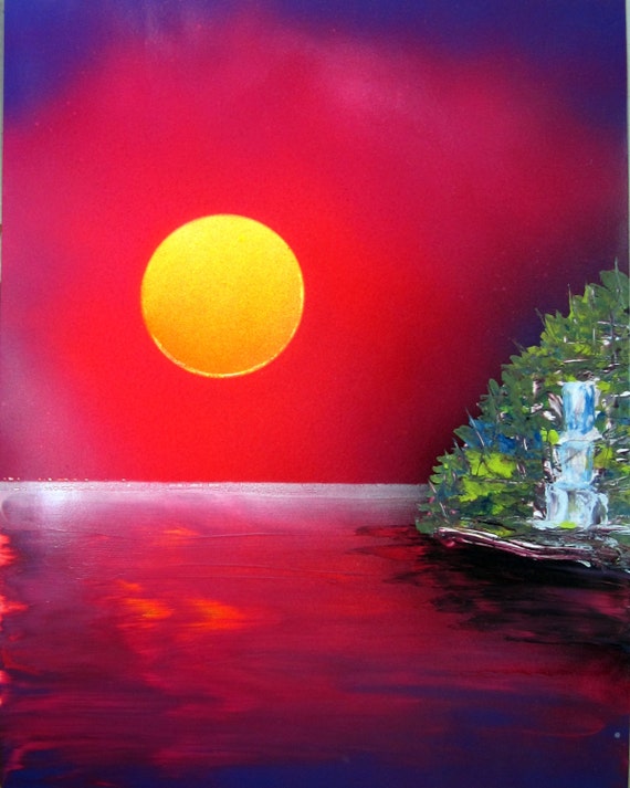 Spray Paint Art Original Abstract Sunset Ocean Island