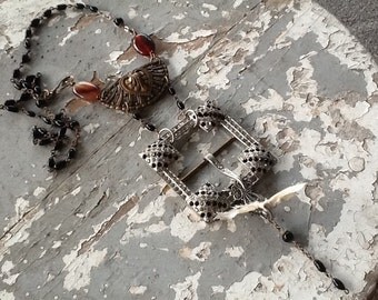 Assemblage Necklace, Assemblage Jewelry, Vintage Belt Buckle, Rosary Beads,Upcycled Recycled Repurposed Necklace