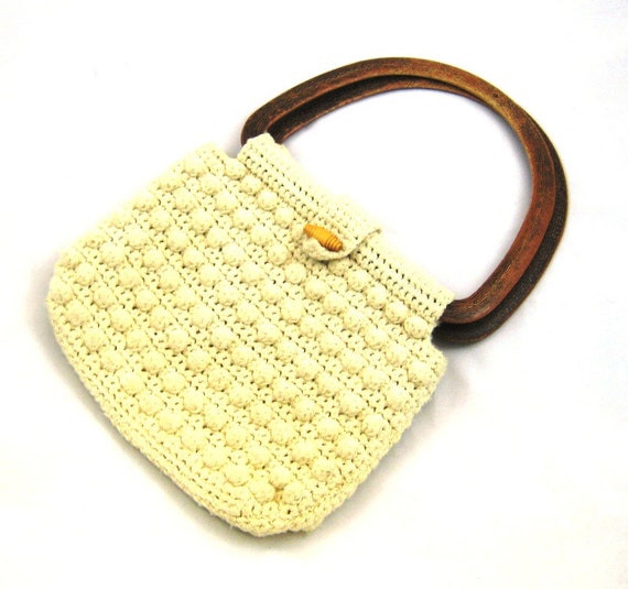 Crochet Purse Round Handle Purse Boho Purse 1960s Popcorn Crochet Bag ...