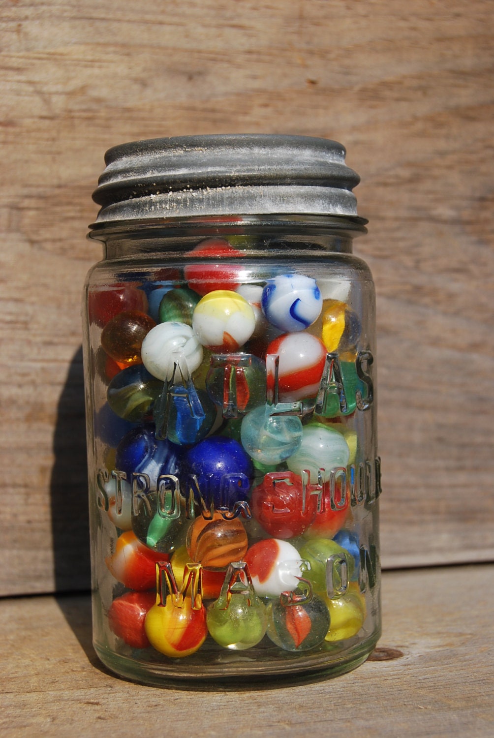 110 Antique Marbles in an Antique Atlas Mason Jar by Psychedelphia