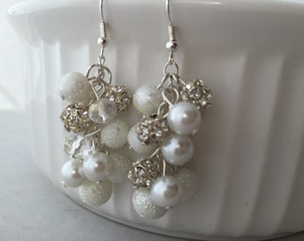 Chunky Pearl rhinestone and crystal earrings, dangle pearl earrings, crystals pearl and rhinestone earrings