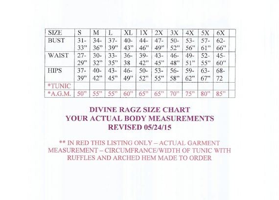 Plus Size Chart XL 1X 2X 3X 4X 5X 6X Divine Ragz TM by DivineRagz