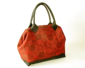 Linen Jacquard Red Purse with Leather Trim, Mason Bag Doctor Bag IN STOCK Linen Jacquard Red Purse with Leather Trim, Mason Bag Doctor Bag IN STOCK