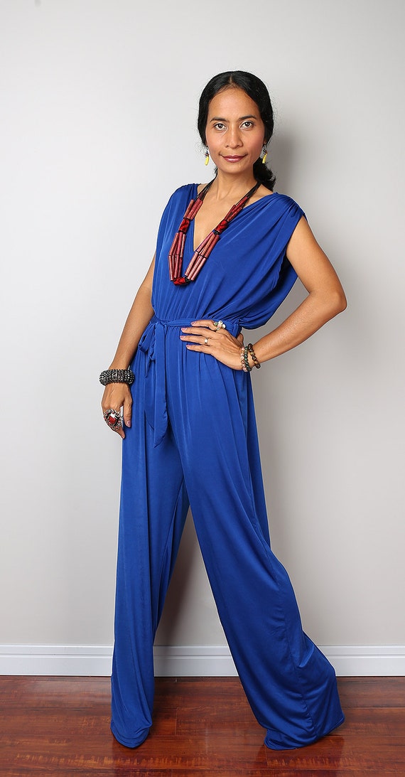 Jumpsuit Dress Royal Blue Sleeveless Jumper Dress : Classy