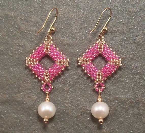 Pink & Gold Diamond Beadwork Earrings with White by SleeplessArt
