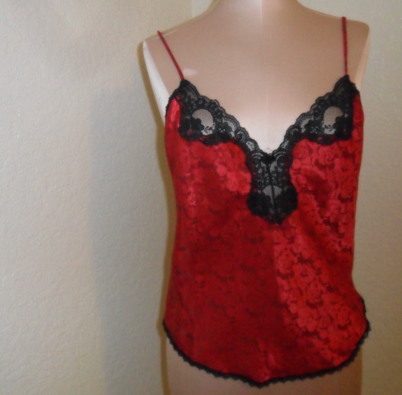 Vintage Camisole Red Satin Black Lace Indulgence Size 34