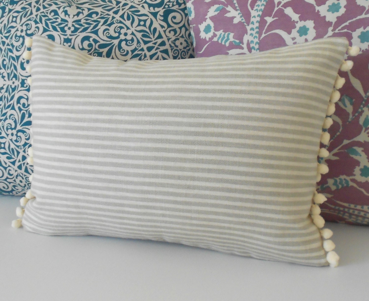 Tan and cream small stripe decorative pillow cover with pom