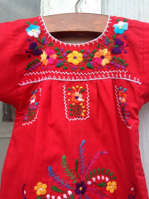 Vintage Children's Red Mexican Embroidered Dress