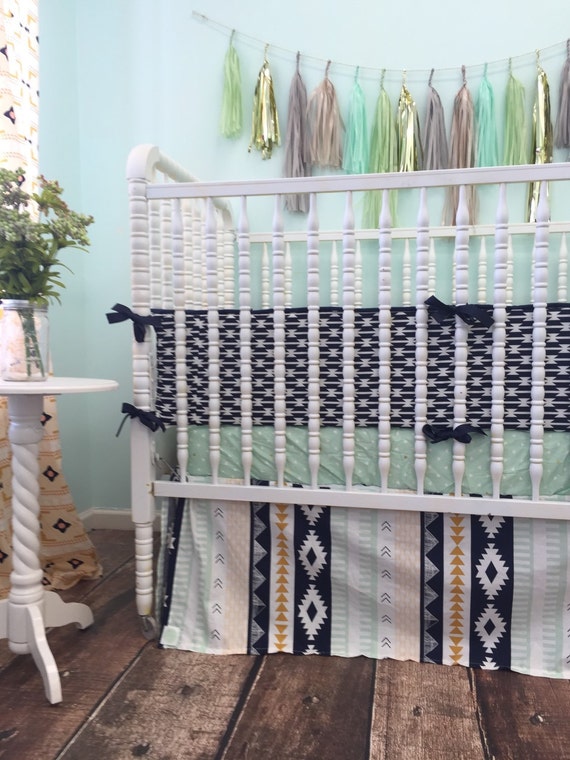 Aztec Themed Crib Bedding in Mint Peach Gold and Navy Blue