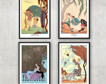 Set of 4 Vintage Art Deco illustrations - The four elements - by George Barbier - Art Deco print -