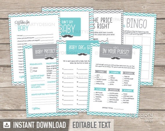 Little Man Baby Shower  Mustache Baby Shower Games Pack  Turquoise Grey  INSTANT DOWNLOAD 