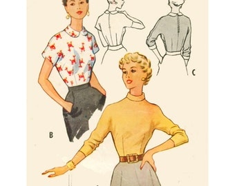 1950s Style Peter Pan Collar or Mock Neck Blouse Custom Made in Your Size From a Vintage Pattern