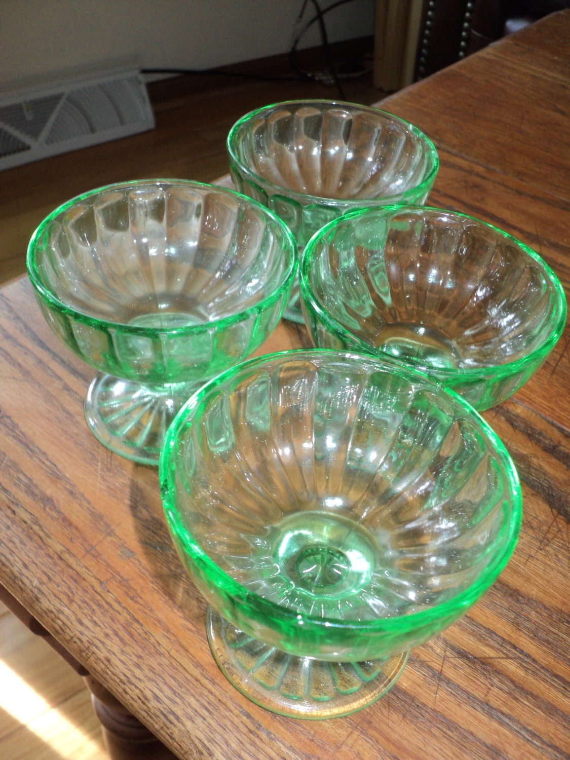 4 Vintage Green Depression Glass Dessert Bowls on a great