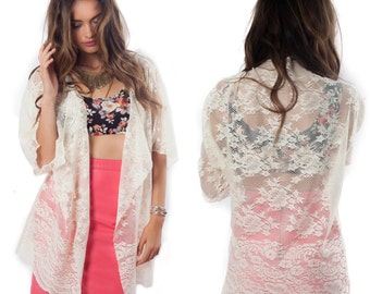 Cream Ivory white lace boho kimono Scallop Hem Cardigan Sweater Kimono Robe Drapey loose oversized beach festival hippie shawl S M L XL XXL
