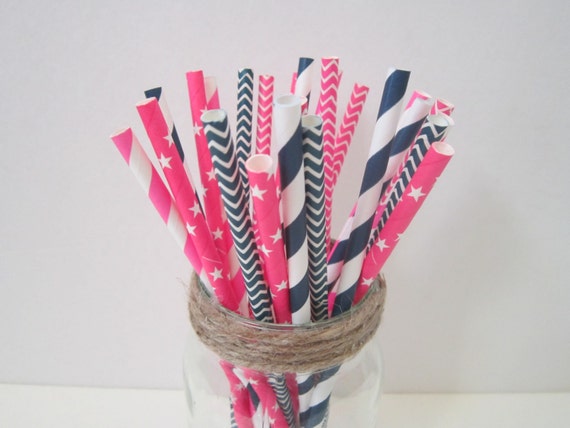 Navy Pink Paper Straws ~ Drinking Straws ~ Nautical Party ~ Baby Shower Il_570xn