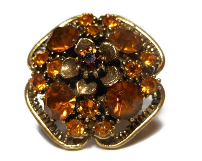 FREE SHIPPING Florenza cocktail ring amber and rootbeer rhinestones with floral top, adjustable