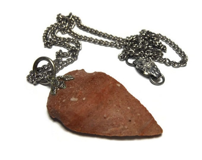 FREE SHIPPING Arrowhead Pendant, antique native stone brown pendant with silver chain and bail