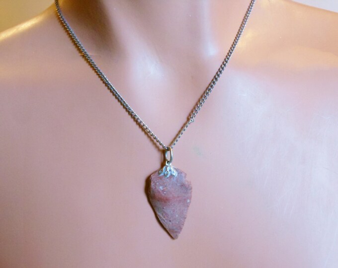 FREE SHIPPING Arrowhead Pendant, antique native stone brown pendant with silver chain and bail