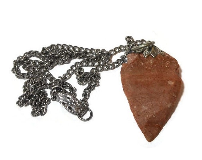 FREE SHIPPING Arrowhead Pendant, antique native stone brown pendant with silver chain and bail