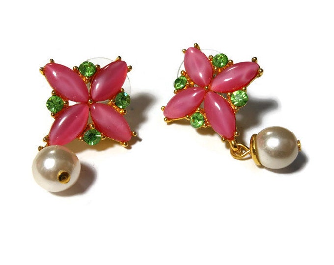 FREE SHIPPING Pink cross earrings, pink glass navettes in the shape of a cross, green rhinestones adangling white glass pearl, pierced post