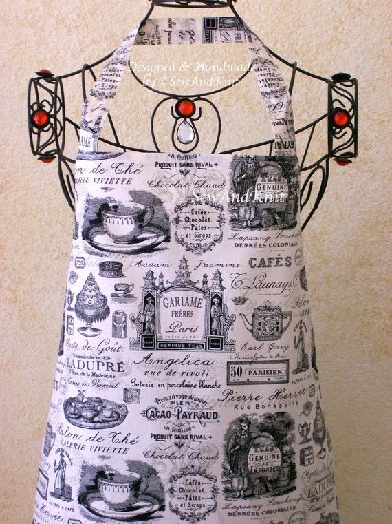 Paris Toile Apron in Black Chef Apron Full Apron Hostess