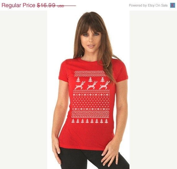 20 OFF SALE Women's RED Ugly Sweater t shirt by CrazyDogTshirts