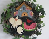 Cat, Birdhouse, Beehive, Wreath, Handpainted, Wall/Door Wreath Decor with Cat, Birdhouse, Watermelon
