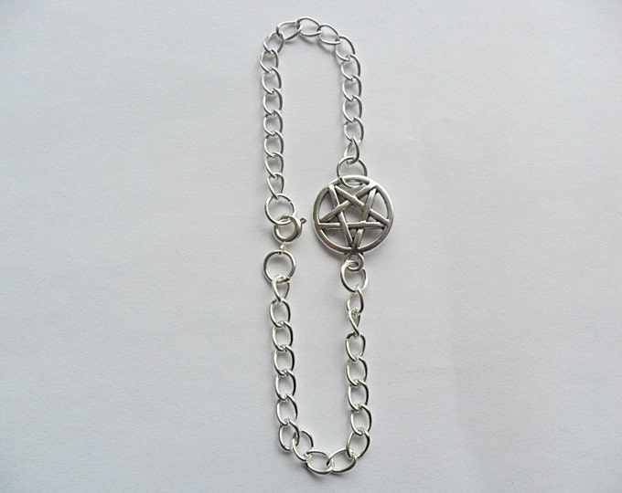 Pentagram charm bracelet/ankle bracelet , silver tone, Pentacle charm bracelet