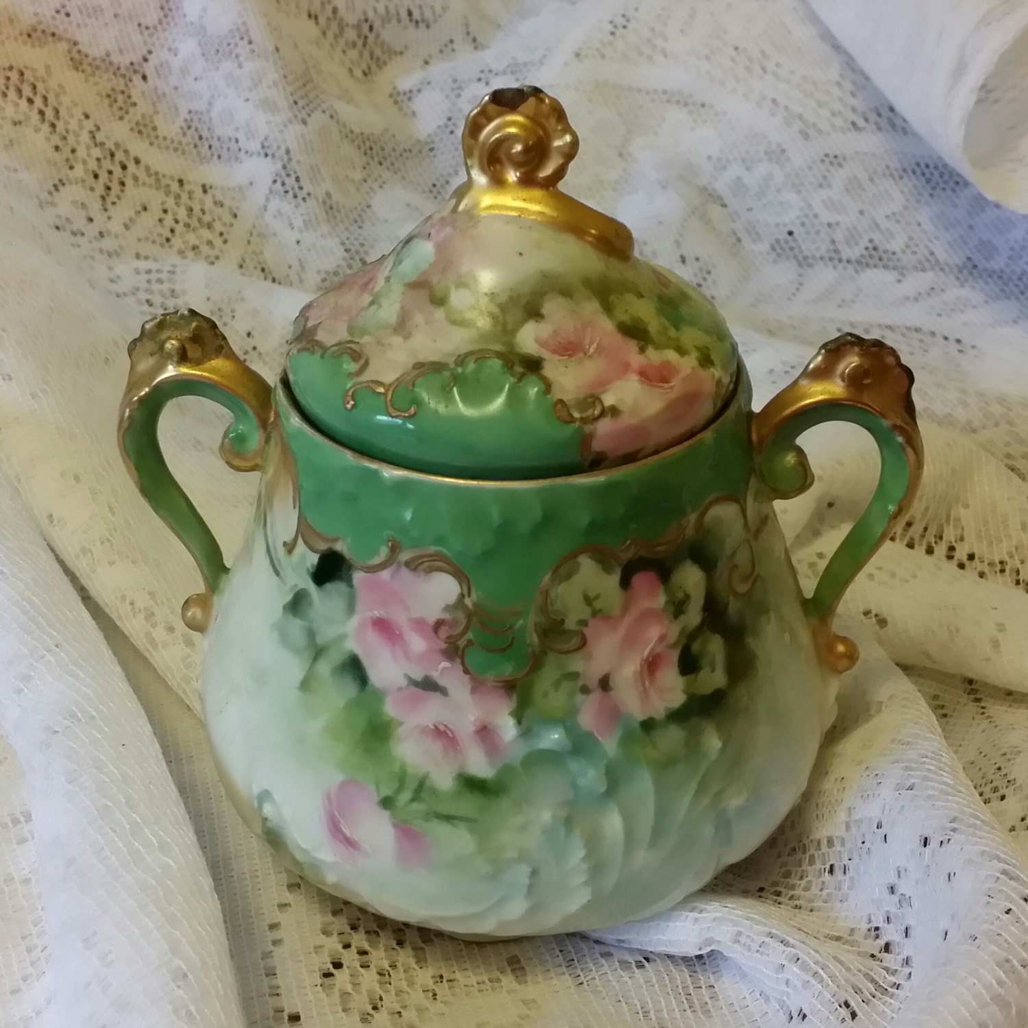 Beautiful Antique Sugar Bowl with Lid and Gold Decor Made in