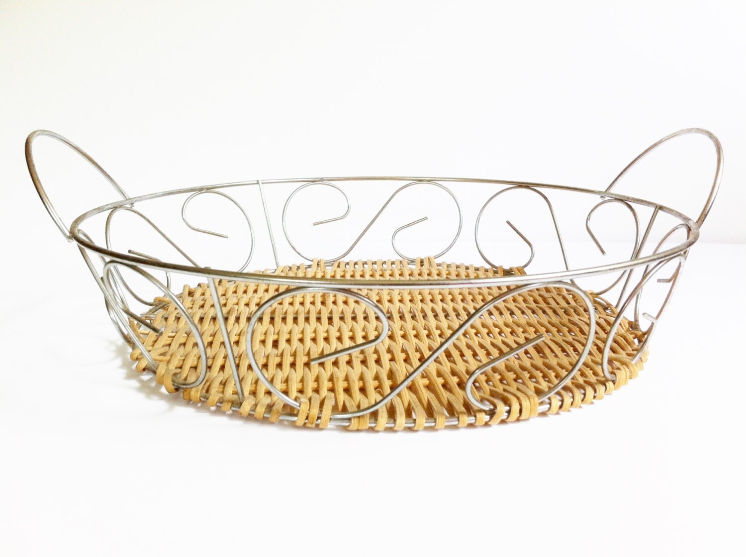 Metal Basket, Vanity Tray, Round Wicker, Handles Mirror, Vintage Home