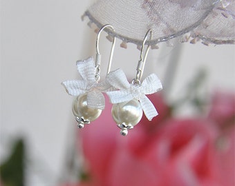 Children Tiny Pearl Earrings With White Silk Bow Sterling Silver Kids Pearl Jewelry First Communion Baptism Gift For Little Girls
