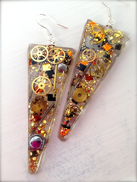 Gold Rush Spike Resin/Clock Gears/Steampunk Earrings - Made to Order by DuangkamolWeston steampunk buy now online