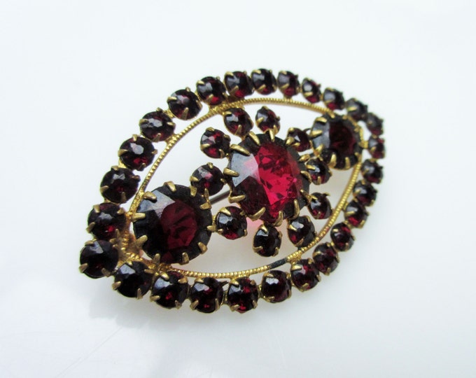 Czecho Slovakia Brooch Czech Red Rhinestone gold plated pin