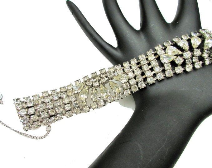 Dorians Rhinestone Bracelet wide mid five row clear stones silver setting Mid Century 1958