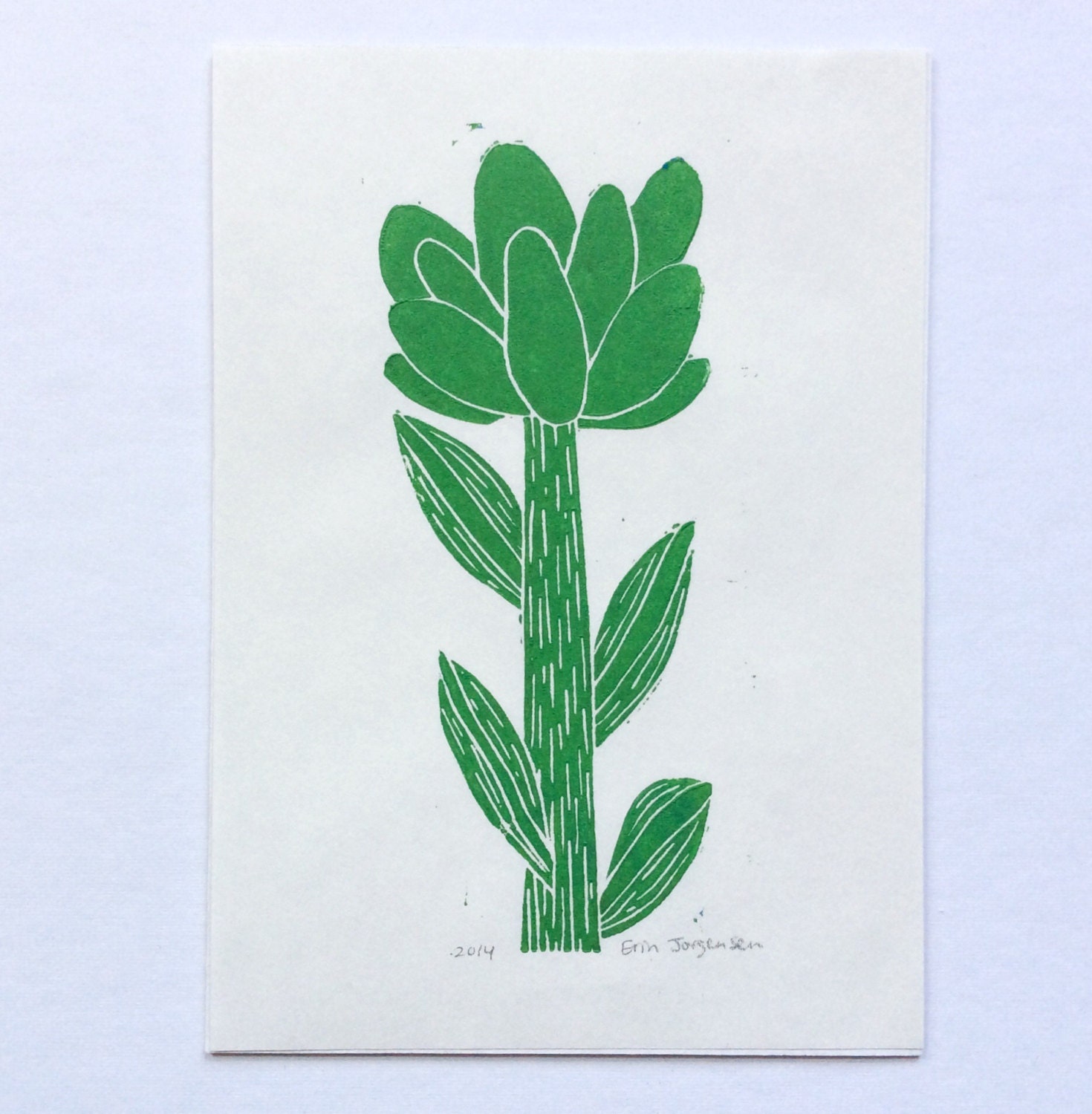 linocut GREEN FLOWER 5x7 / printmaking / block print