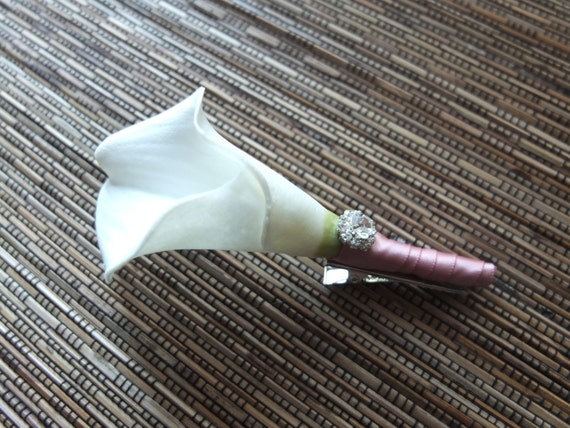 Boutonniere White Calla Lily and Vintage Pink Ribbon