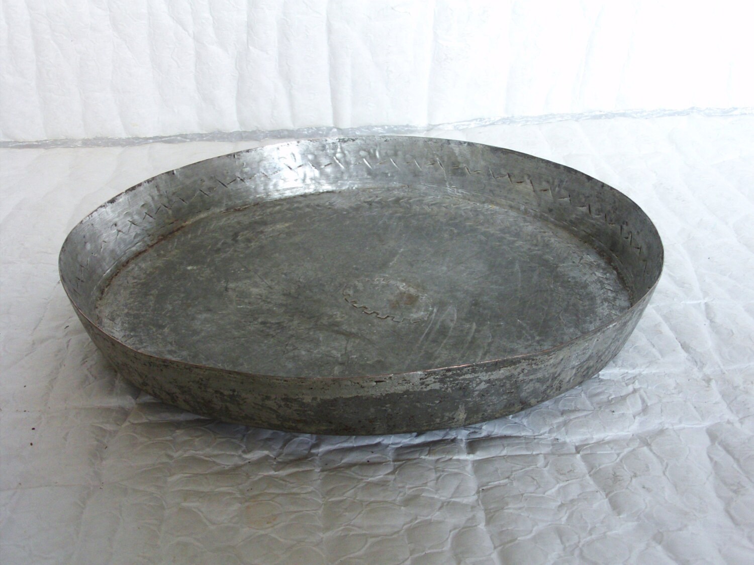 Round flat pan antique primitive cookware hammered COPPER tin