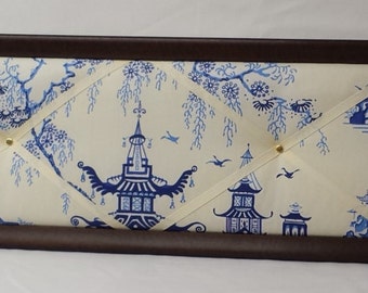 Chinoiserie fabric message board. Antique frame.