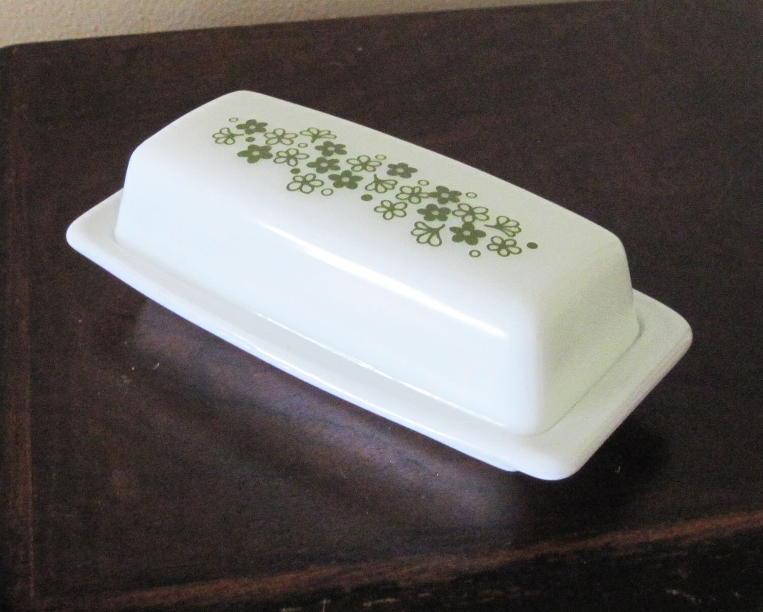 Pyrex Crazy Daisy Butter Dish, Olive Green Floral Pattern on White