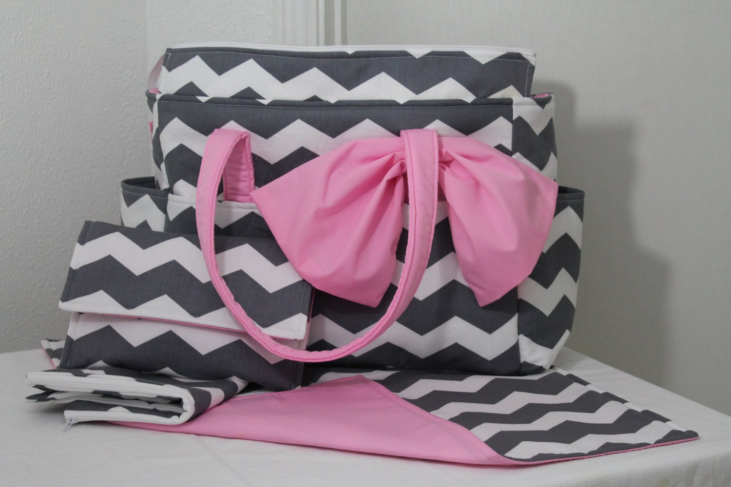 Chloe XL Diaper Bag Set w/ Bow Grey Chevron and Kona Cotton