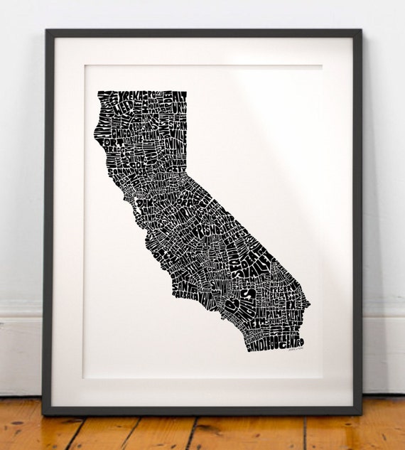 California typography map art print featuring city by joebmapart