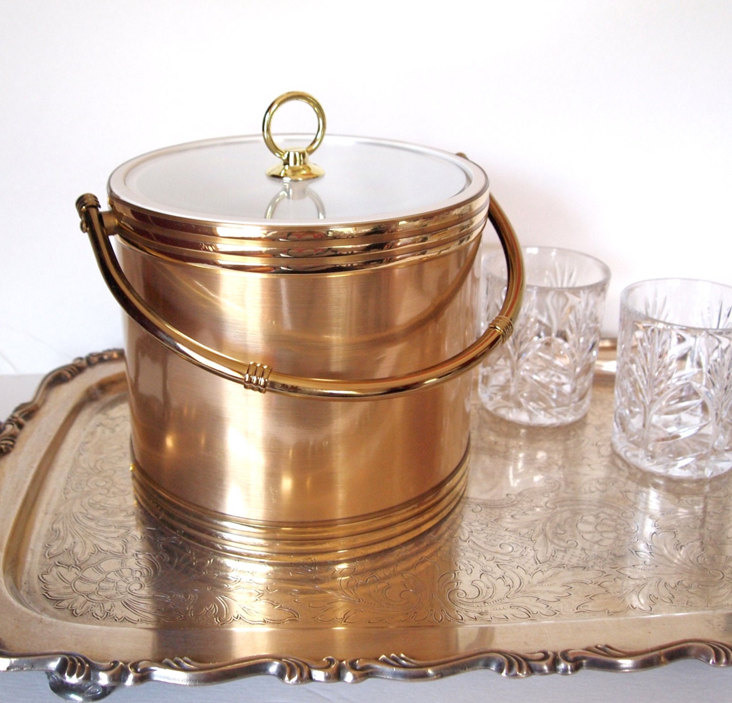 Vintage Ice Bucket Gold Tone and Brass with Clear Lid Mid