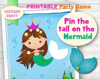 SMALL - Pin the Tail on the Mermaid - Printable party game. Jpeg, digital file. INSTANT PARTY.