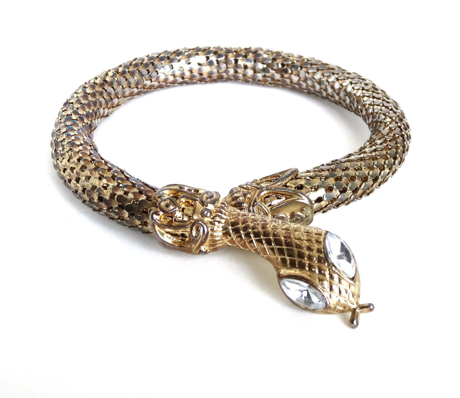 Vintage SNAKE Bracelet Upper Arm Cuff Gold Mesh Coil w Clear