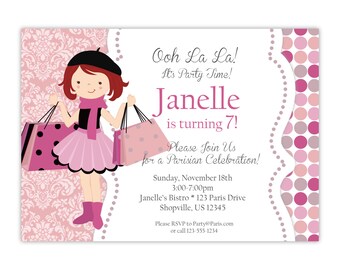 Paris Invitation - Pink Peach Gray Damask, Cute French Girl, Paris Parisian Personalized Birthday Party Invite - a Digital Printable File