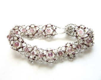 Woven Bracelet Aurora Borealis Crystals & Glass Seed Beads Handmade 7.5 Inches Dainty Bridal Wedding