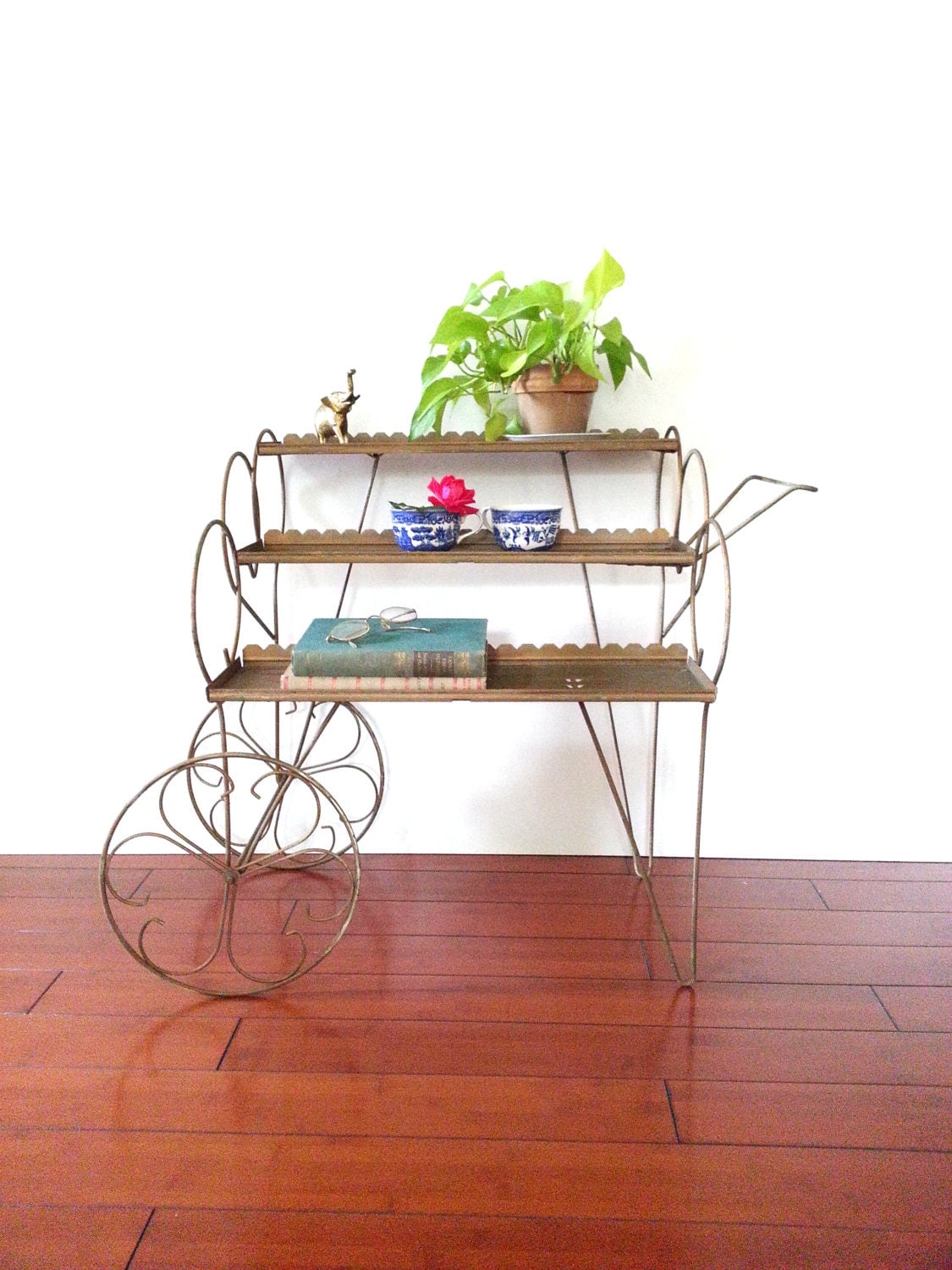Vintage 60�s Metal Plant Stand Rolling Tea Cart Tiered